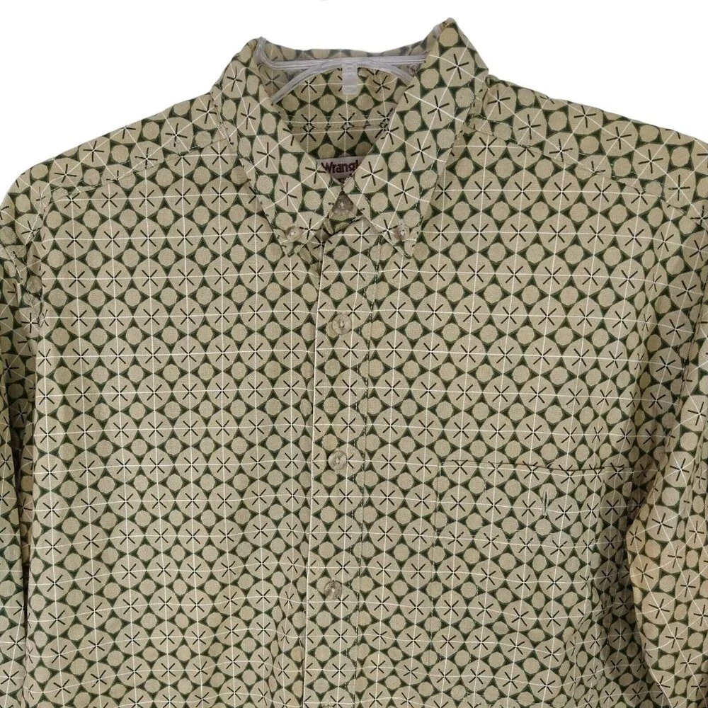 Vintage Wrangler Button Down Collar Shirt Men Size L Green Tan Long Sleeve FLAW
